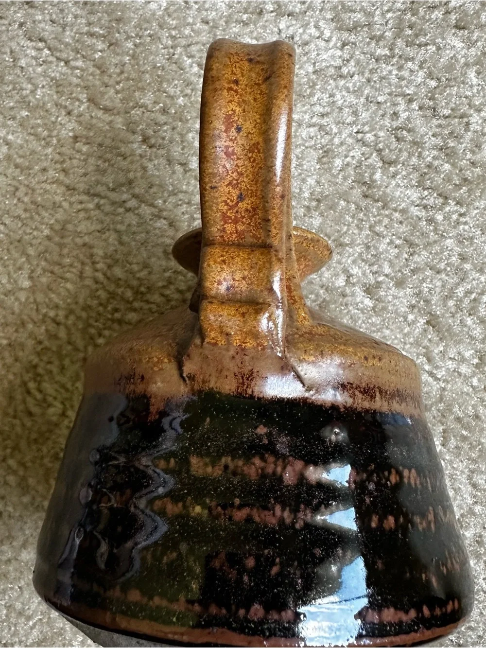 Signed Studio Pottery Taper Candle Holder Chamberstick Loop Handle